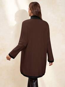 SHEIN Clasi Plus Size Women Elegant,Comfortable Metal Button Closure Long Warm Cardigan,Black & White,For Autumn,Office,Ladies Windbreaker,Business Casual Winter - Chocolate Brown - View 2