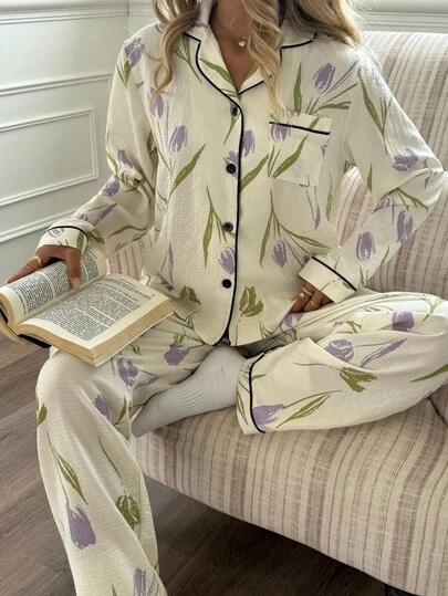 SHEIN 少女花卉印花长袖睡衣套装