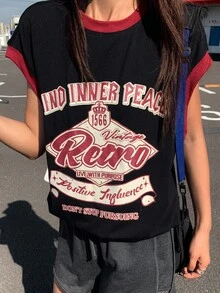 DAZY Camiseta de manga corta con texto gráfico de ajuste holgado informal, adecuada para uso diario Y2K - Negro - Ver 3