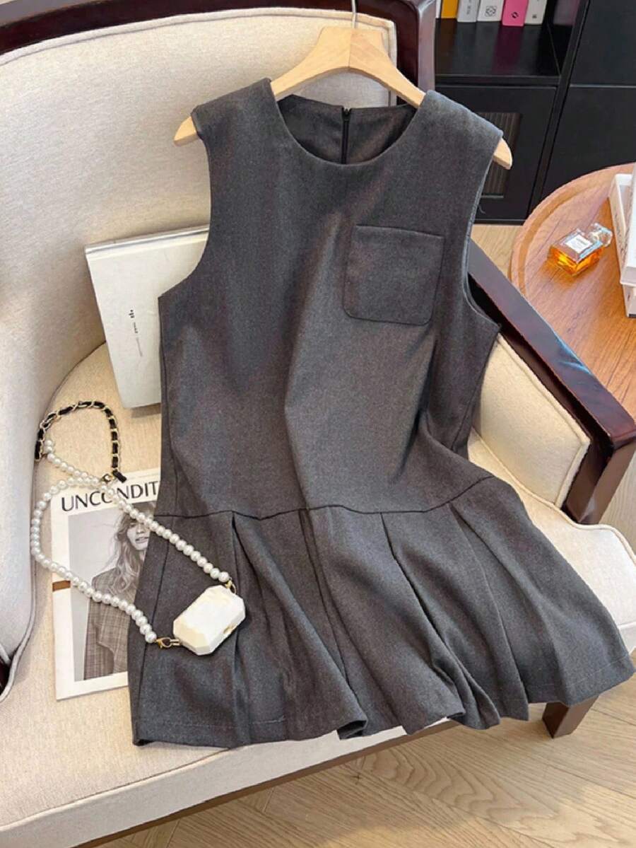 Franclia 新款无袖A字褶甜美短款连衣裙 - 灰色 - 查看 1