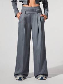 Menodora SHEIN Sport Pantalones rectos holgados y casuales de tejido a rayas para mujer en otoño/invierno - Gris Claro - Ver 4
