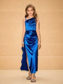 Tween Girl Elegant Minimalist Fashion Asymmetric-Shoulder Exposed Shoulder High Waist Long Slit Design Solid Color Satin Glossy Fabric High-End Graduation Season Prom Dress Birthday Party Wedding Guest Dress Christmas Halloween Maxi Dress - Blue - View 3