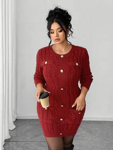 Elenzga Christmas Autumn/Winter Minimalist Loose Fit Long Sleeve Button Decor Plus Size Sweater Dress, Suitable For Wedding Guest - Red - View 6