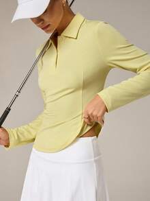 Hanevo Women's Light Yellow Collar Studded Split Sporty Casual Long Sleeve T-Shirt - Yellow - View 7