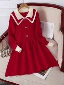 青少年女孩学院风公主裙，舒适仿纽扣撞色领针织毛衣裙，秋冬 - 紅色 - 查看 1