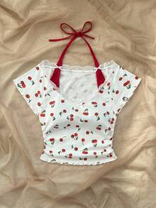 SHEIN BASICS 女式复古红白樱桃印花蕾丝领拼布撞色露背 T 恤，可爱蝴蝶结装饰 2 合 1 芭蕾风格可爱午餐休闲返校夏季上衣
