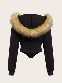 Coolane 女士秋冬街头风 Y2K 酷女孩外出长袖毛绒紧身拉链黑色连帽衫 - 黑色 - 查看 7