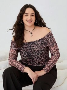 SHEIN EZwear 大码女式豹纹露肩长袖修身T恤，休闲 - 彩色 - 查看 6