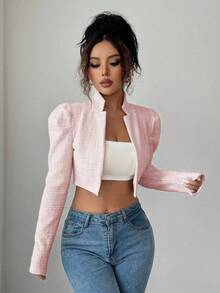 Elenzga Women's Textured Knit Fabric Stand Collar Leg-Flattering Long Sleeve High-End Elegant Thanksgiving Halloween Street Style Outerwear, Lightweight Short Jacket For Autumn/Winter