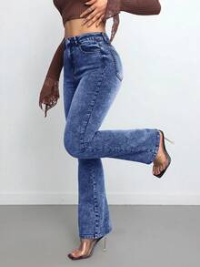 SHEIN Tall 女士休闲修身弹力喇叭牛仔裤，新年圣诞节高腰牛仔裤 - 深色水洗藍 - 查看 3