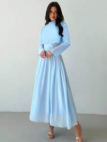 Firerie 女士优雅高领喇叭长袖中长连衣裙，适合春季、夏季、秋季、冬季、通勤、优雅、波西米亚、浪漫、约会、婚礼、毕业、音乐会、工作、女士生日连衣裙 - 藍色 - 查看 5