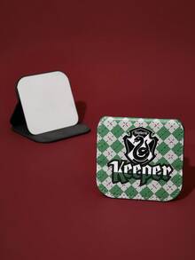 FanGlow HARRY POTTER X SHEIN Slytherin Diamond Pattern Green & White Square Stainless Steel Makeup Mirror – Portable Compact For Makeup Lovers, Multi-Scene Use - Multicolor - View 2