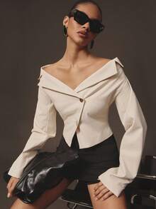 Hauture Top tailleur décontracté sexy pour femmes à col large et manches longues - Nude - Voir 1