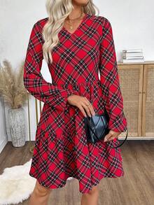 EMERY ROSE Váy dài vừa phải, tay bồng, cổ chữ V, họa tiết kẻ caro, viền bèo nhún dành cho nữ - Đỏ - Xem 3