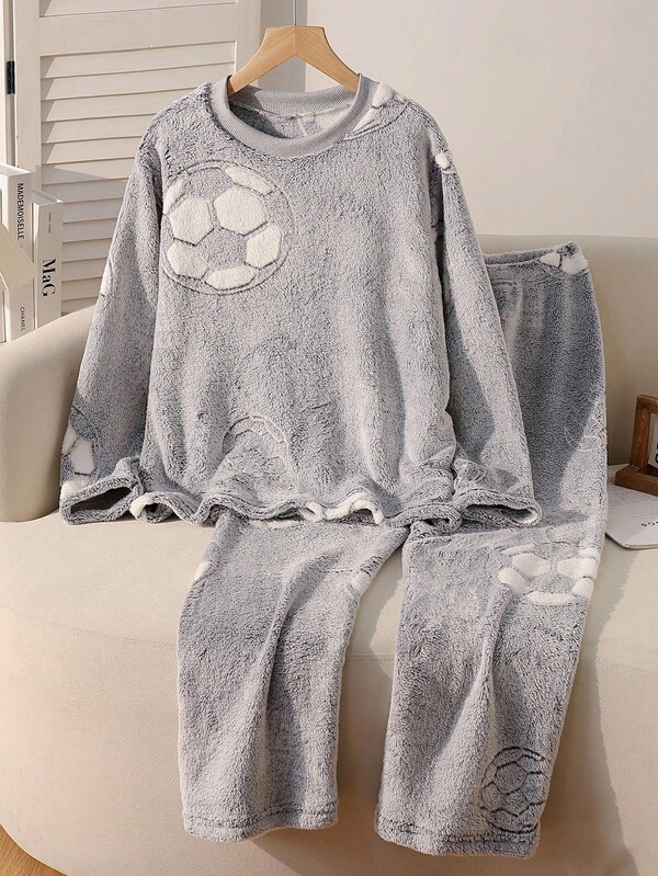 Conjunto de pijama para adolescentes (niños), sudadera de manga larga y pantalones, tela de felpa, estilo de sudadera, casual, con estampado de fútbol