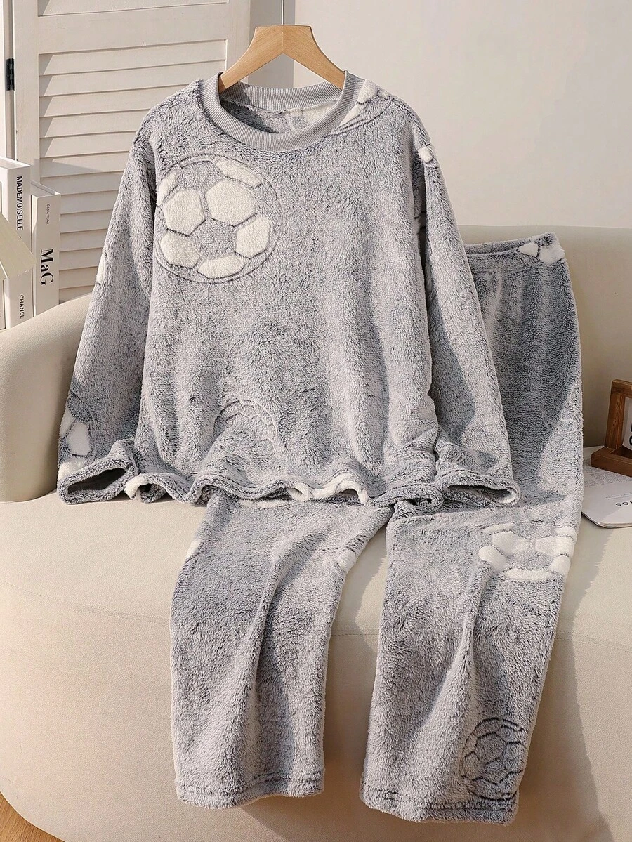 Teenage (Boys) Pajama Set, Long Sleeve Sweatshirt And Pants, Fleece Fabric, Pullover Style, Casual, Football Pattern Teen Pajamas Set