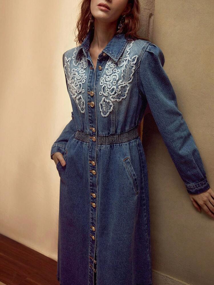 EMBROIDERY BUTTON UP SHIRRED WAIST DENIM SHIRT DRESS WITHOUT BELT FOR AUTUMN & WINTER