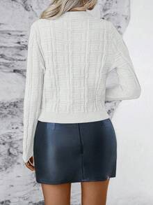 SHEIN PETITE 女士休闲金属单排扣长袖针织开衫，秋冬 - 白色 - 查看 2