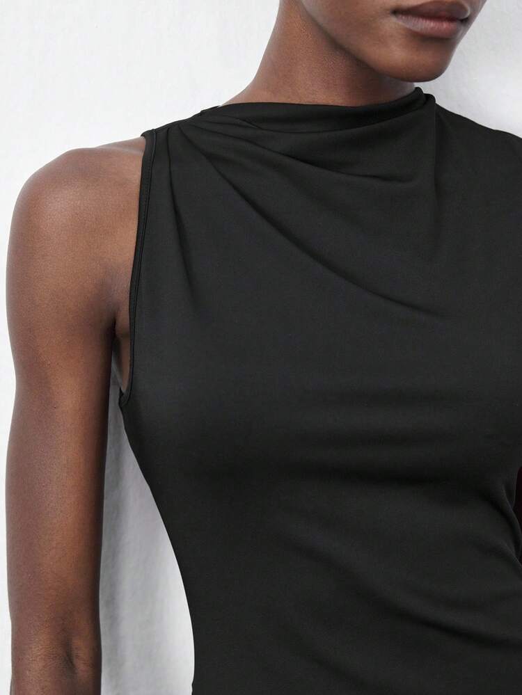 SHEIN Maija Women's Solid Color Pleated Fitted Casual Sleeveless Mini Dress Black Dress Stylish Clothing Collection Black Dress For Women Sexy Dress Christmas