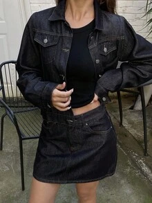 DAZY 纯色纽扣牛仔外套和半身裙 秋冬 Y2K - 藍色 - 查看 6