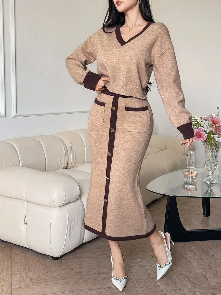 Women's Casual V-Neck Colorblock Sweater With Pockets & Button Decor + Straight Skirt 2-Piece Set, Autumn