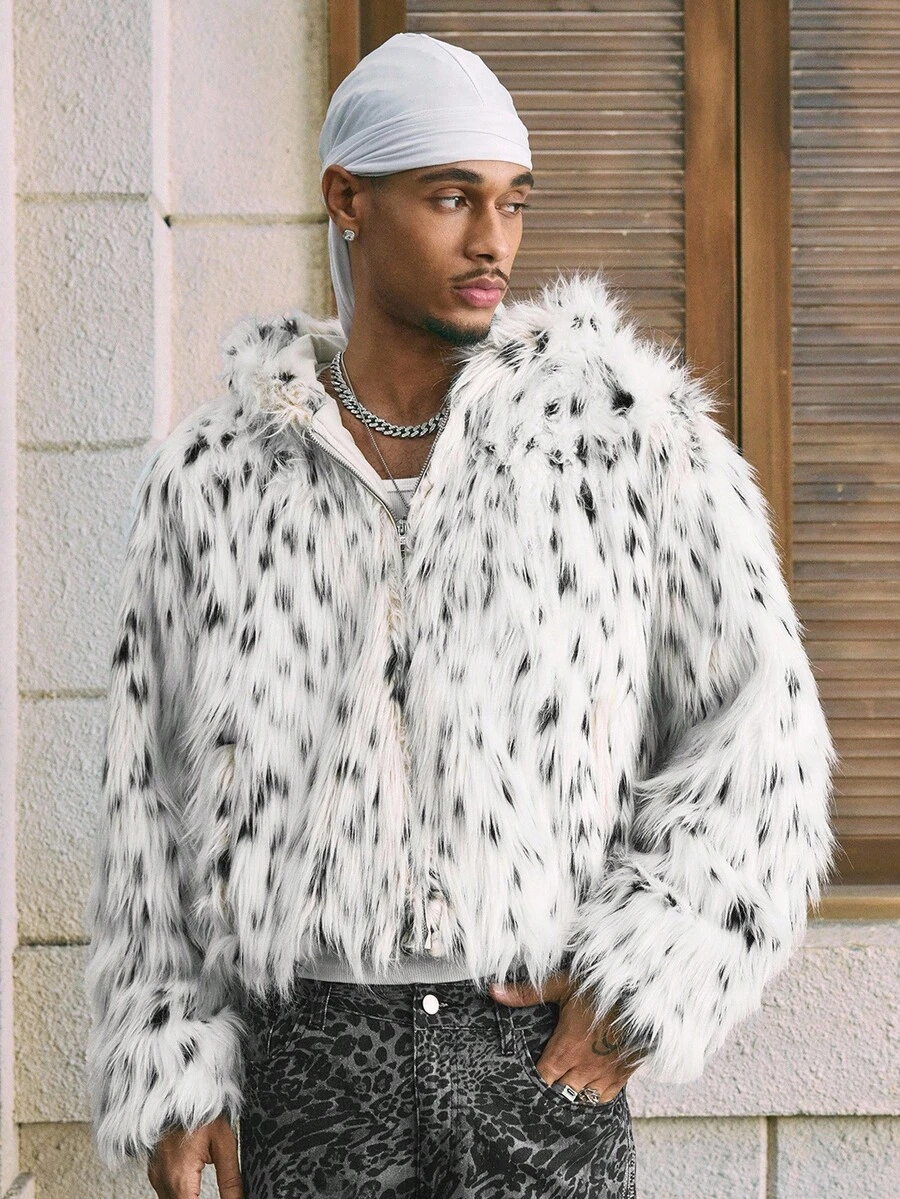 AXEPEAK Men's Knitted Casual Loose Fit Long Sleeve Faux Fur Coat, Fashionable & Everyday Wear, Fall Winter - White - View 1