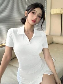 DAZY Women Sexy Form-Fitting Polo Collar Short Sleeve T-Shirt, Summer - White - View 3