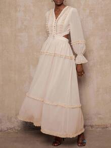 SHEIN Privé VITNOS Peach Pink Elegant Wedding Dress For Women, Lace V-Neck Long Sleeve Flared Gown,Autumn High-End Luxury Evening Party Prom Graduation - Apricot - View 10