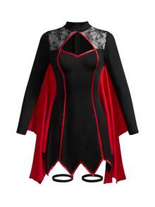 女式万圣节蜘蛛网网眼透视胸围镂空撞色滚边蝙蝠袖服装 - 黑色 - 查看 7