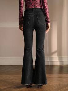 MOTF PREMIUM 秋冬毛边喇叭牛仔裤 - 黑色 - 查看 3