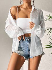 Breezaya 女士优雅法式通勤休闲透明长袖白色返校衬衫