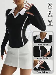 Dewbera Women's Long Sleeve Sports Polo Shirt, Contrast Color Polo Collar, Side Mesh Panels And Contrast Stripes, Suitable For Daily Casual, Running, Yoga, Gym, Tennis, Golf, Autumn/Winter/Spring - Multicolor - View 4