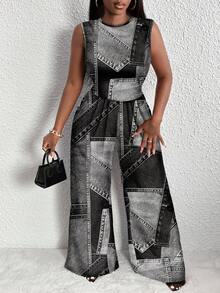 Slaydiva Casual Patchwork Pattern Round Neck Sleeveless Jumpsuit, Plus Size Jumpsuit, For Autumn, For Summer Suitable For Going Out - Dark Grey - View 3