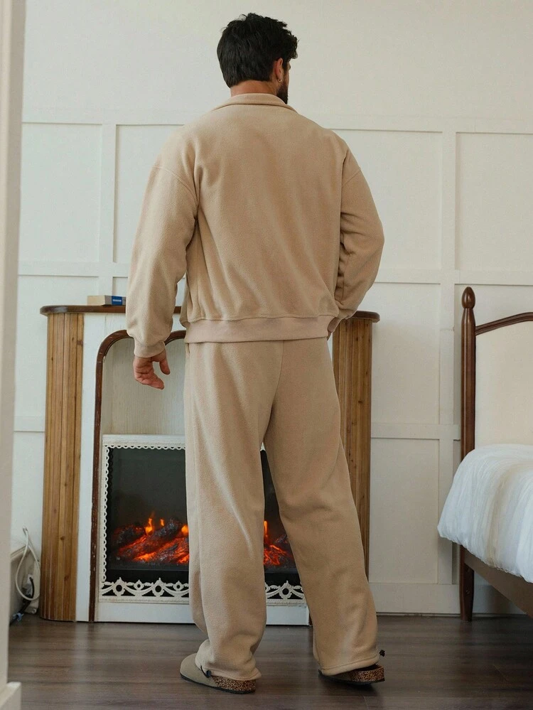 Men's Thermal-Lined Letter Embroidered Sherpa Khaki Pajama Set, Autumn/Winter, Fall Clothes