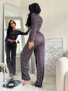SHEIN 女士罗纹荷叶边心形印花长袖睡衣套装，修身蝴蝶结睡衣，浪漫家居服，秋季服装 - 黑色 - 查看 2