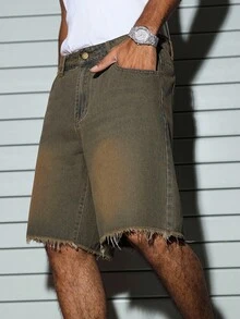 PAVTROS Men's Solid Color Frayed Edge Pocket Loose Casual Denim Shorts - Blue - View 5