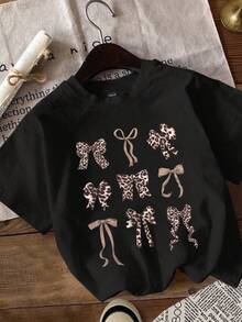 SHEIN EZwear 休闲宽松豹纹图案圆领短袖女式T恤，适合夏季 - 黑色 - 查看 3