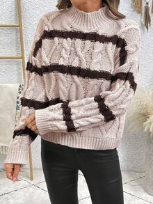 SHEIN LUNE Women's Contrast Color Striped Turtleneck Knit Sweater - Multicolor - View 5