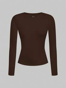 SHEIN EZwear 2pcs Women Crew Neck Casual Fitted Long Sleeve T-Shirt Set, Dark Brown & Light Beige, Suitable For Autumn/Winter - Multicolor - View 5