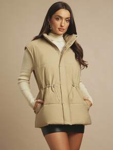 Silquee Abrigo casual acolchado de unicolor con cuello alto y sin mangas, con cordón en la cintura, para invierno - Caqui - Ver 7