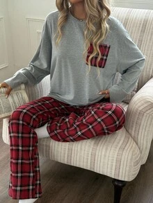 SHEIN 2 件套青少年女孩休闲宽松上衣和格子裤 T 恤套装，秋冬 - 彩色 - 查看 1