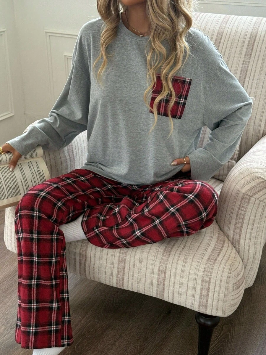 SHEIN 2 件套青少年女孩休闲宽松上衣和格子裤 T 恤套装，秋冬 - 彩色 - 查看 1