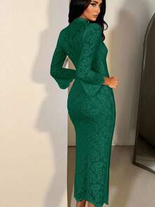 Zolique 秋季新款优雅女士深V吊带喇叭长袖毛边厚蕾丝开领连衣裙适合派对、婚礼、约会、郊游 - 綠色 - 查看 2