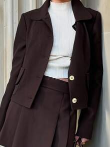 INAWLY New Vintage Style Jacket & Pleated Midi Skirt 2-Piece Set For Women - Coffee Brown - View 4