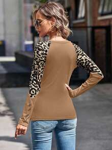 EMERY ROSE Leopard Print Raglan Sleeve Tee Graphic Cheetah Print Tees Women Tops - Multicolor - View 2