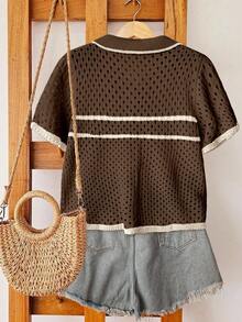 Linhara 大码女式拼色镂空条纹单排扣短袖休闲轻便开衫，春夏 - 彩色 - 查看 2