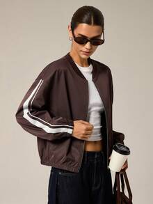 Hanevo Women's Casual Fashion Sporty Contrast Striped Side Zip-Up Lightweight Baseball Jacket, Spring/Autumn - Brown - View 7