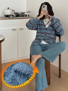 DAZY 女士针织条纹提花上衣和纯色宽松睡裤家居服套装，冬季舒适秋季服装 - 藍色 - 查看 4