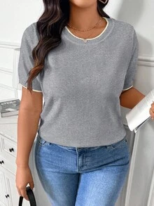 SHEIN Frenchy Plus Size Casual Minimalist Color Block Trim Women Knit Top, New Spring Collection, Khaki - Grey - View 3
