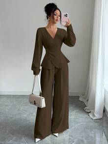 Elenzga 新款春秋奶油黄亚麻V领交叉长袖衬衫和高腰宽松阔腿裤两件套女装 - 棕色 - 查看 6